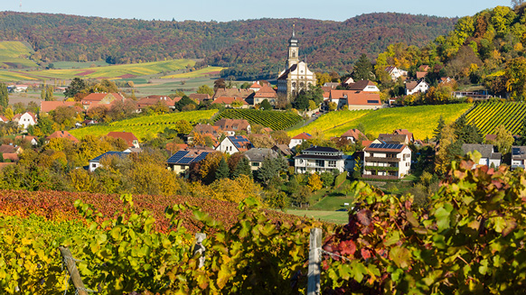 Dorf in herbstlichen Weinbergen | Quelle: © SKatzenberger / Adobe Stock