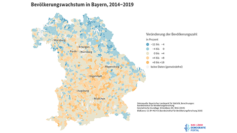 Karte zum Bevölkerungswachstum der Gemeinden in Bayern zwischen 2014 und 2019