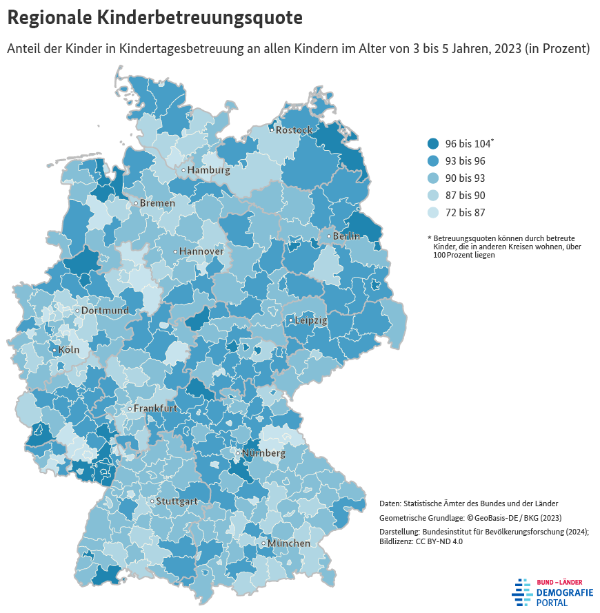 Karte zum Anteil der 3- bis 5-jährigen Kinder in Kindertagesbetreuung nach Kreisen in Deutschland im Jahr 2023