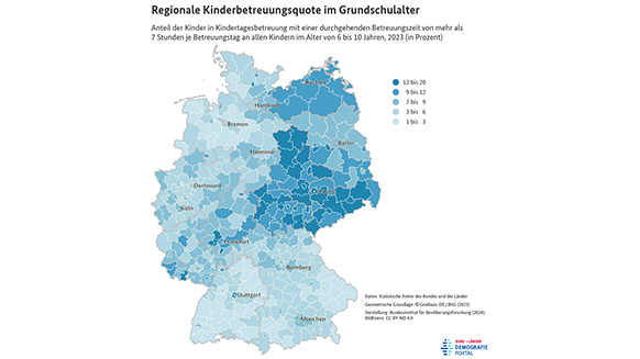 Karte zum Anteil der 6- bis 10-jährigen Kinder in ganztägiger Kindertagesbetreuung nach Kreisen in Deutschland im Jahr 2023