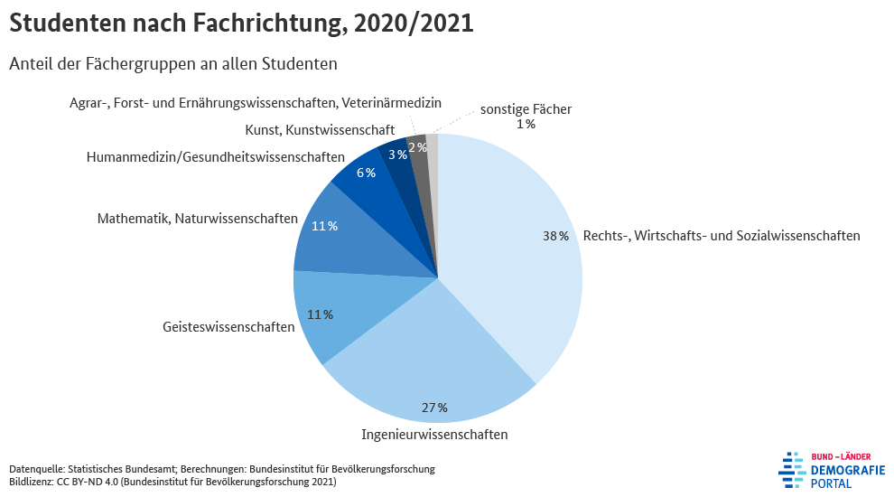 Diagramm zum Anteil der Fächergruppen an allen Studenten in Deutschland im Wintersemester 2020/2021
