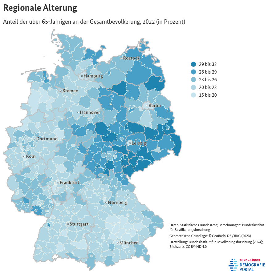Karte zum Anteil der Bevölkerung im Alter von über 65 Jahren in den Landkreisen und kreisfreien Städten Deutschlands im Jahr 2022