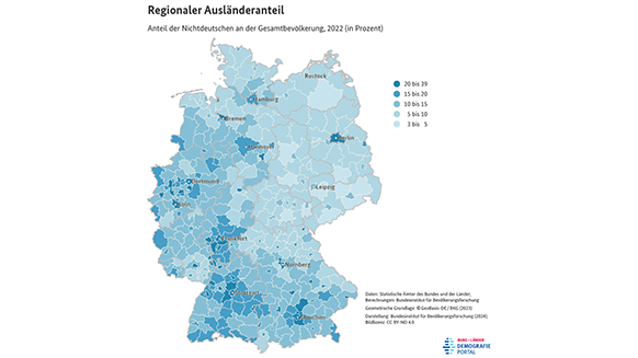Karte zum Anteil von Ausländern an der Gesamtbevölkerung der deutschen Kreise im Jahr 2022