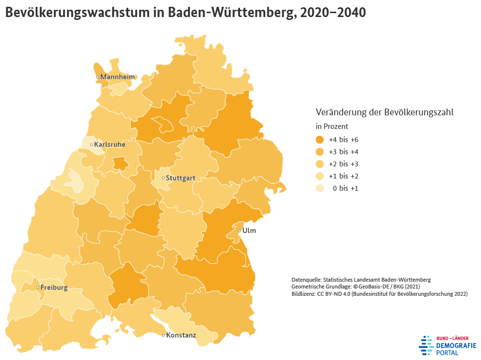 Karte zum Bevölkerungswachstum der Landkreise und kreisfreien Städte in Baden-Württemberg zwischen 2020 und 2040