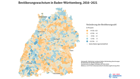 Karte zum Bevölkerungswachstum der Gemeinden in Baden-Württemberg zwischen 2016 und 2021