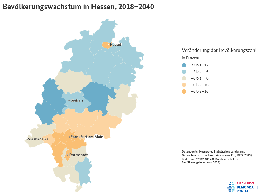Karte zum Bevölkerungswachstum der Landkreise und kreisfreien Städte in Hessen zwischen 2018 und 2040