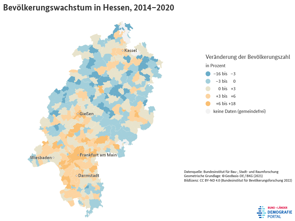 Karte zum Bevölkerungswachstum der Gemeinden in Hessen zwischen 2014 und 2020
