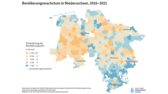 Karte zum Bevölkerungswachstum der Gemeinden in Niedersachsen zwischen 2016 und 2021