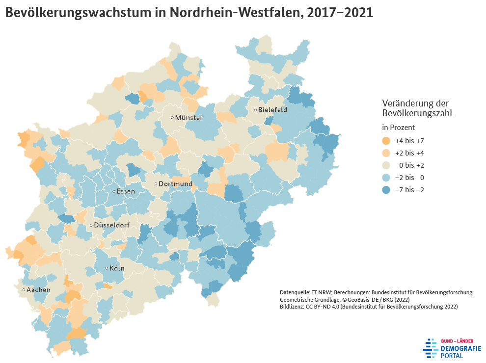 Karte zum Bevölkerungswachstum der Gemeinden in Nordrhein-Westfalen zwischen 2017 und 2021