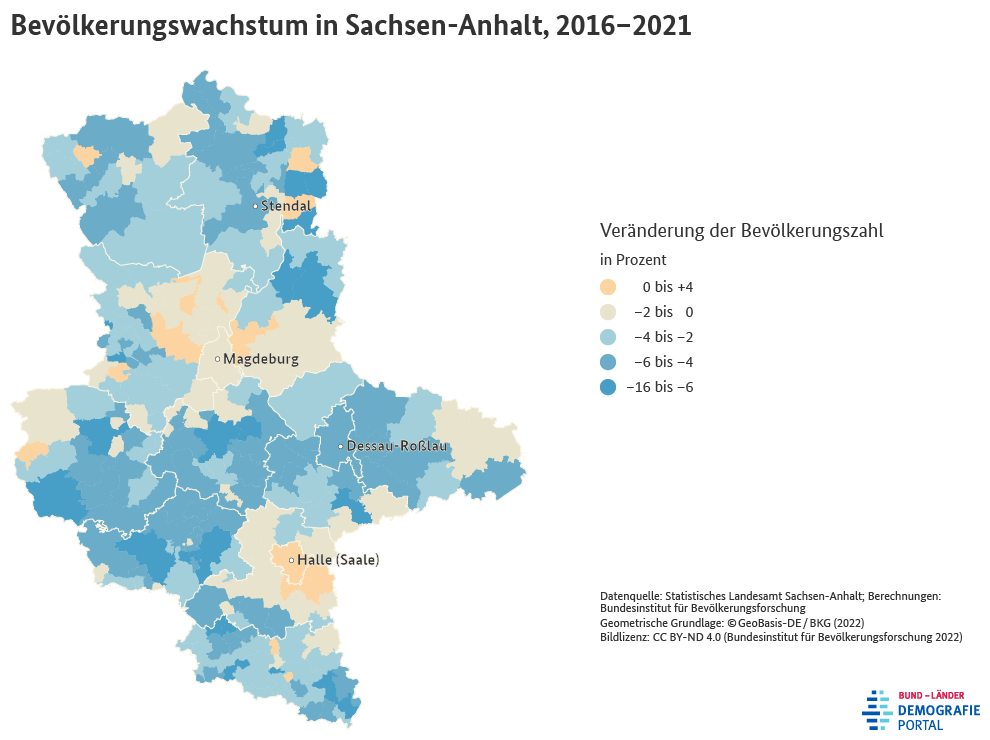 Karte zum Bevölkerungswachstum der Gemeinden in Sachsen-Anhalt zwischen 2016 und 2021