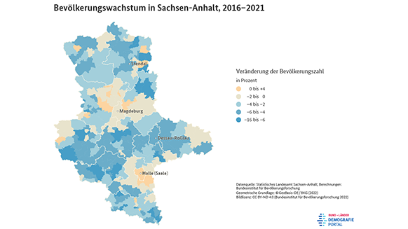 Karte zum Bevölkerungswachstum der Gemeinden in Sachsen-Anhalt zwischen 2016 und 2021