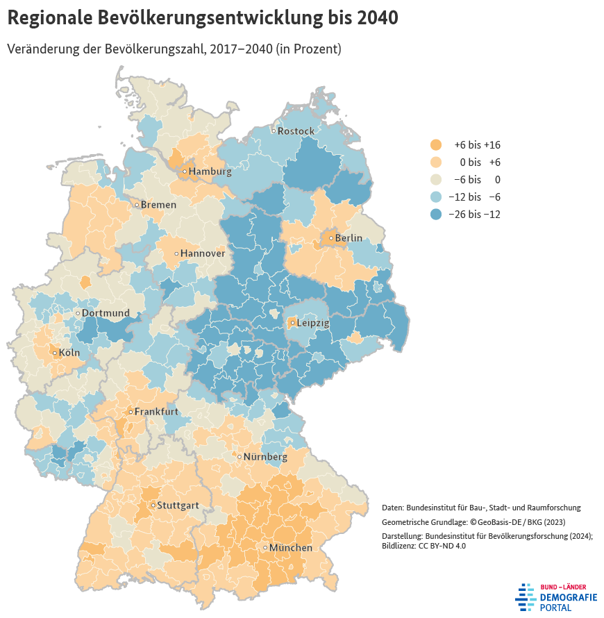 Karte zum Bevölkerungswachstum nach Kreisen in Deutschland zwischen 2017 und 2040