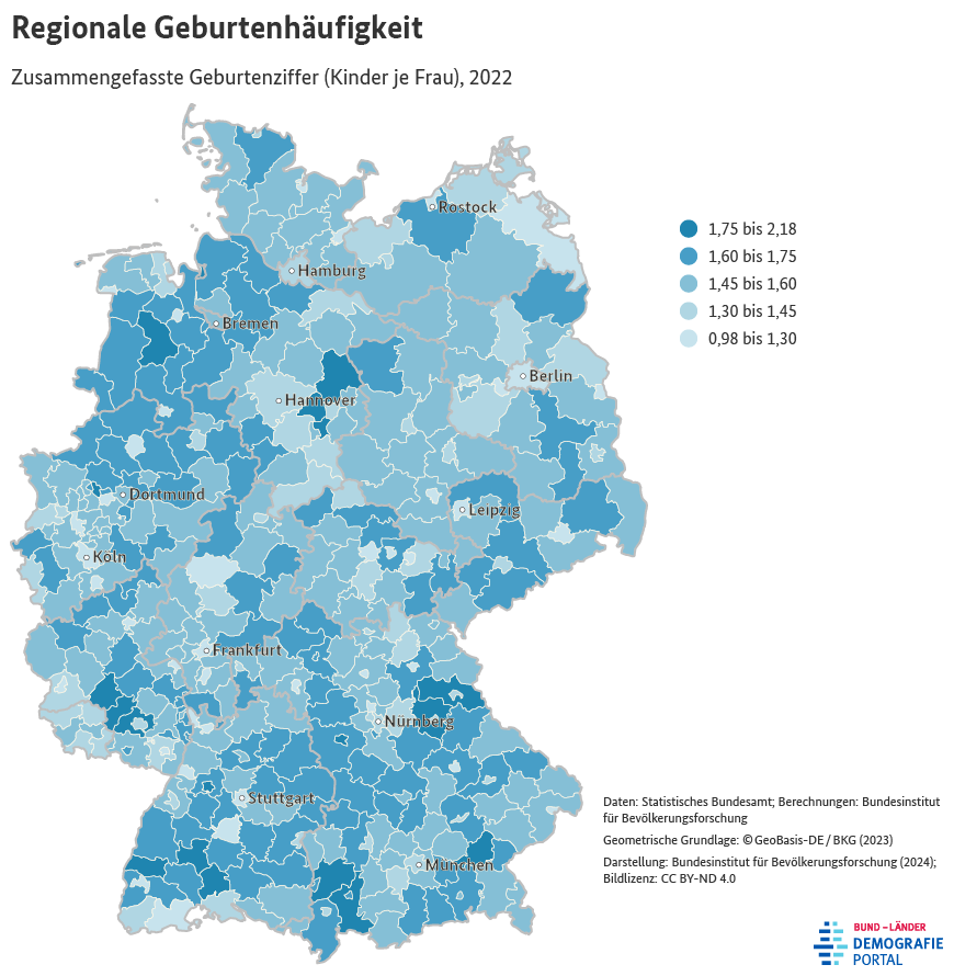 Karte zur zusammengefassten Geburtenziffer nach Kreisen in Deutschland im Jahr 2022