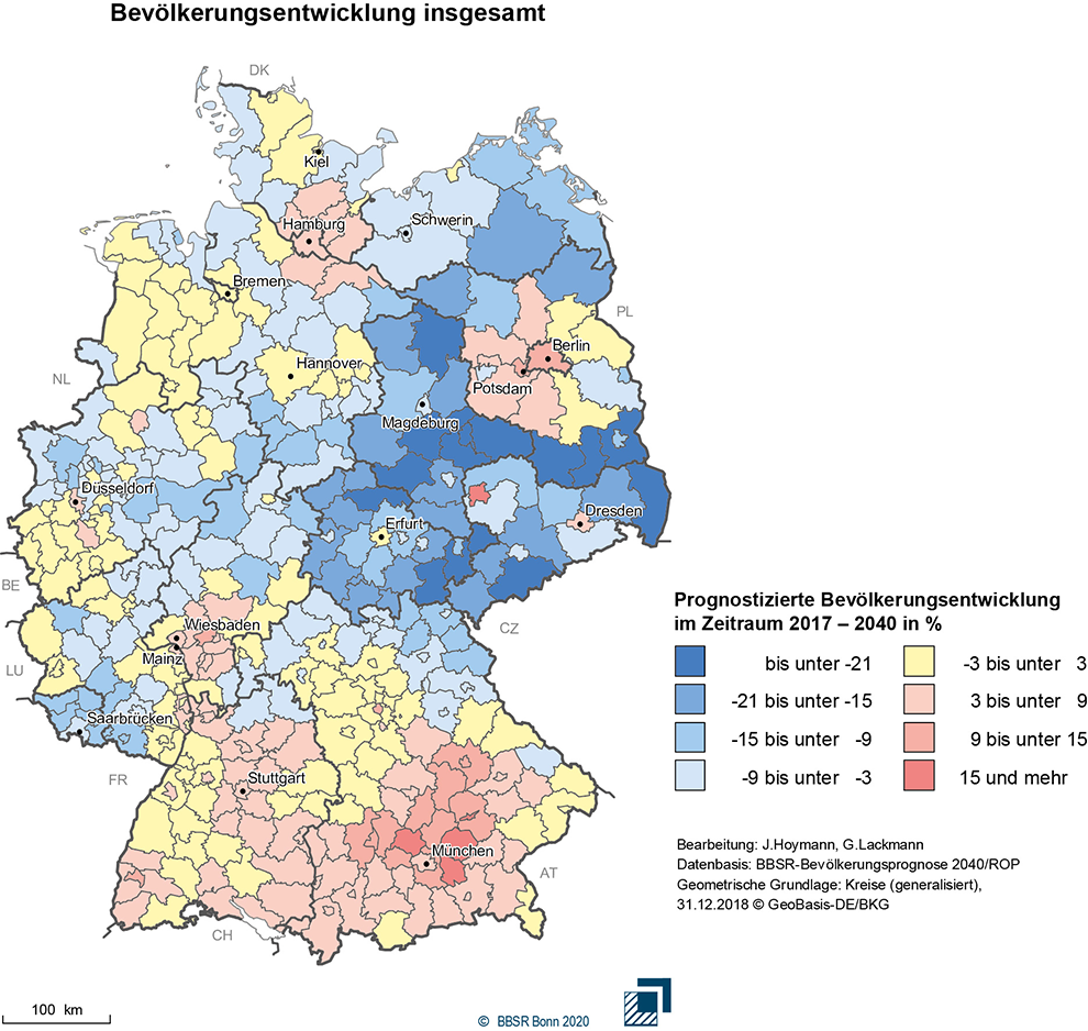 Karte zur Bevölkerungsentwicklung der deutschen Kreise zwischen 2017 und 2040 | Quelle: © Bundesinstitut für Bau-, Stadt- und Raumforschung