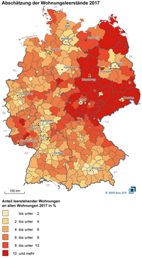 Deutschlandkarte zur Abschätzung der Wohnungsleerstände 2017 | Quelle: © BBSR Bonn 2019